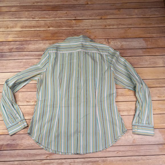 Gap Stretch M Shirt Open V Neck Button Front Fitted Blue Green Striped - Picture 5 of 5